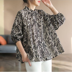 Áo sơ mi linen dài tay cổ pipi xếp ly hoa văn trừu tượng - NU6727