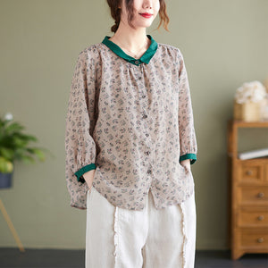 Áo sơ mi linen tay lửng cổ pipi đơn sắc in hoa liti - NU6996