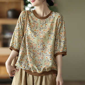 Áo T-shirt linen ngắn tay cổ tròn in hoa lá bo viền - A763