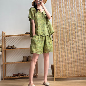 Bộ đồ gồm áo sơ mi ngắn tay khuy tàu và quần sooc in hoa liti - NU7210