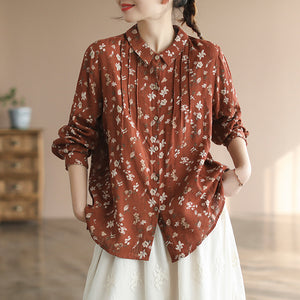 Áo sơ mi linen dài tay cổ đức xếp ly in hoa lá - NU8106
