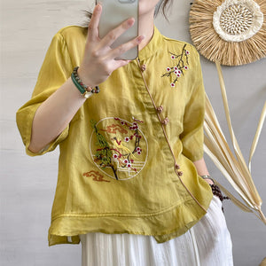 Áo sơ mi linen ngắn tay cổ tàu khuy tròn thêu chim phượng hoàng - NU7172