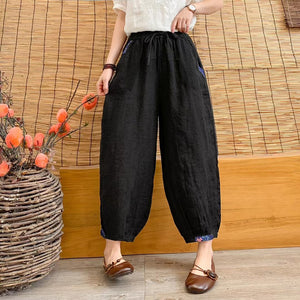 Quần baggy linen lưng thun dây rút ống túm phối vải màu - NU7154