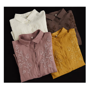 Áo sơ mi linen dài tay cổ đức thêu hoa đối xứng - NU6676