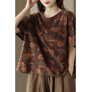 Áo T-shirt ngắn tay cổ tròn in hoa lá đơn sắc - NU8630