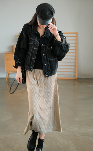 Áo khoác denim dài tay cổ đức hai túi chỉ nổi - NU7706