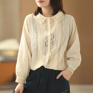 Áo sơ mi linen dài tay cổ tròn đính bèo thêu hoa lá hai chiều - NU6684