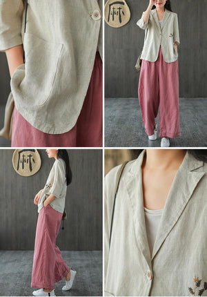 Áo khoác vest linen ngắn tay hai túi thêu nhành hoa - NU7190