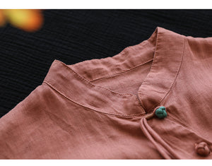 Áo sơ mi linen ngắn tay cổ đứng khuy tròn cài lệch - NU6918