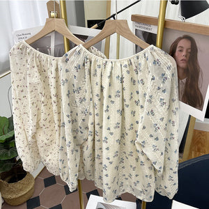 Áo sơ mi linen dài tay cổ tròn in hoa lá thêu ren hai lớp - NU8615