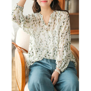 Áo sơ mi dài tay cổ V in hoa lá tay bồng- NU7270