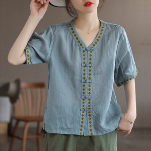 Áo sơ mi linen ngắn tay cổ V khuy tròn hoa văn thổ cẩm - NU6965