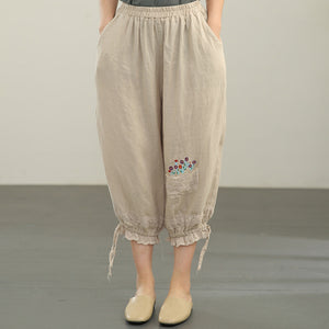 Quần baggy linen lưng thun thêu giỏ hoa ống túm dây rút - NU6631