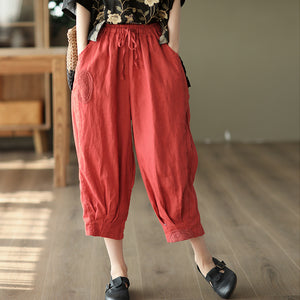 Quần baggy linen lưng thun dây rút thêu hoa hồng - NU7324