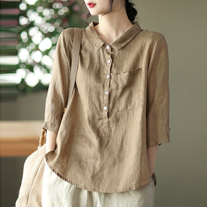 Áo sơ mi linen ngắn tay cổ đức khuy cài sát túi - NU5604