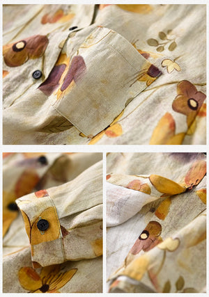 Áo sơ mi linen dài tay cổ đứng in màu nước một túi vuông - NU6740