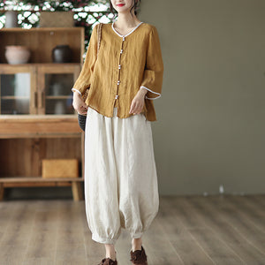 Áo sơ mi linen tay lửng cổ tròn bo viền khuy đôi - NU7408