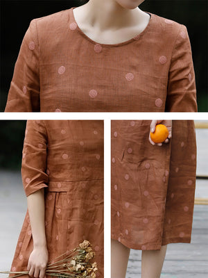 Đầm liền linen ngắn tay cổ tròn thêu những chấm tròn - OD0628