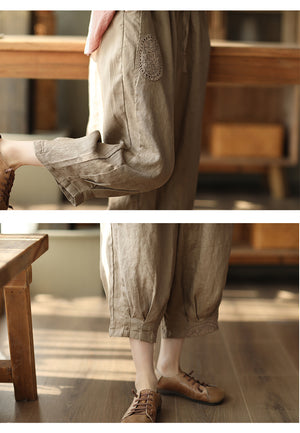 Quần baggy linen lưng thun dây rút thêu hoa hồng - NU7324