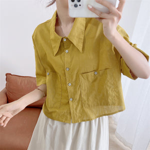 Áo sơ mi linen ngắn tay cổ sen nhọn hai túi vuông - NU7511