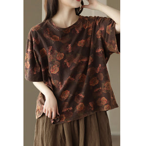 Áo T-shirt ngắn tay cổ tròn in hoa lá đơn sắc - NU8630