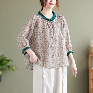 Áo sơ mi linen tay lửng cổ pipi đơn sắc in hoa liti - NU6996