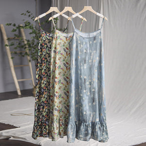 Đầm liền linen hai dây in hoa lá tùng xòe - NU7126