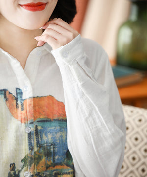 Áo sơ mi linen dài tay cổ đức in tranh đồng quê - NU8341