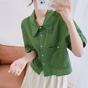 Áo sơ mi linen ngắn tay cổ sen nhọn hai túi vuông - NU7511