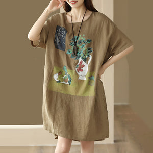 Đầm liền linen ngắn tay cổ tròn in bức tranh tĩnh vật - NU8668