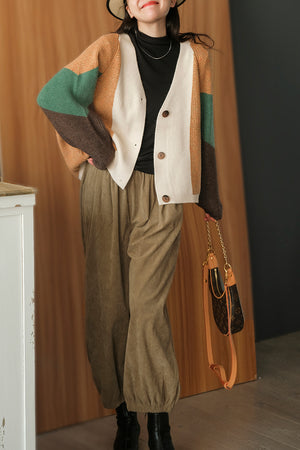 Áo khoác len cardigan dài tay cổ V ba khuy phối màu sắc - NU7783