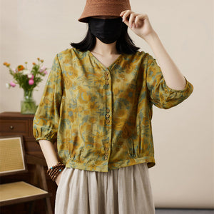 Áo sơ mi tay lửng cổ V in hoa văn retro - NU8555
