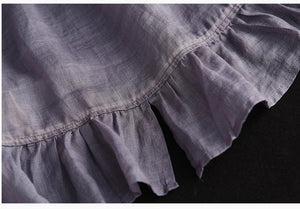 Áo sơ mi linen ngắn tay cổ lá sen ba khuy kiểu thêu hoa văn - NU7164