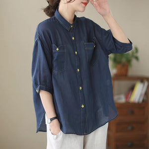 Áo sơ mi linen ngắn tay cổ đức hai túi vuông - NU6916