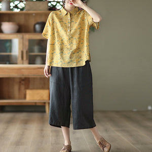 Áo sơ mi linen ngắn tay cổ đức in những chú cú ngộ nghĩnh - NU7066