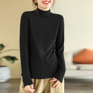 Áo T-shirt len cashmere dài tay cổ lọ kiểu ô vuông - NU7964