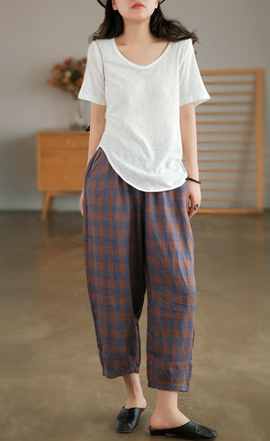 Quần baggy linen kẻ caro lưng thun hai túi chéo - NU7063