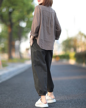Áo sơ mi linen dài tay kẻ sọc đứng cổ pipi - NU4423
