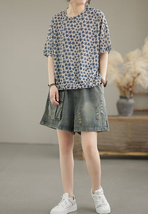 Quần sooc denim lưng thun một túi vuông kiểu sờn - NU7109