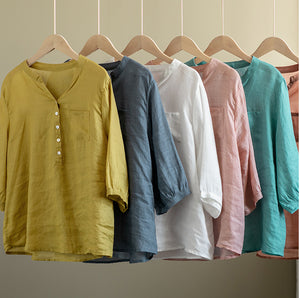 Áo sơ mi linen ngắn tay cổ V một túi vuông - NU8626