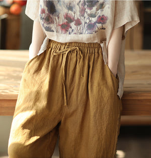 Quần baggy linen lưng thun dây rút thêu ren hai bên - NU7479