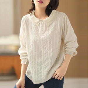 Áo sơ mi linen dài tay cổ tròn đính bèo thêu hoa lá hai chiều - NU6684