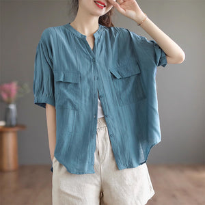 Áo sơ mi linen ngắn tay cổ V hai túi vuông - NU8560