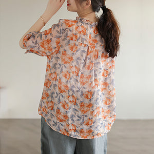 Áo sơ mi linen ngắn tay cổ V đính bèo in hoa lá - NU7300