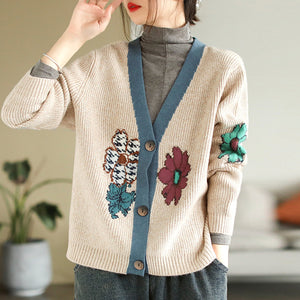Áo khoác len cardigan dài tay cổ V móc những bông hoa - NU8065