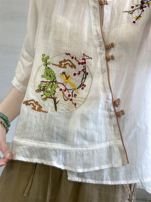 Áo sơ mi linen ngắn tay cổ tàu khuy tròn thêu chim phượng hoàng - NU7172