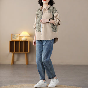 Áo sơ mi dài tay cổ đức hai mảng màu in hoa lá - NU8354