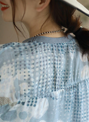 Áo T-shirt linen ngắn tay cổ tròn bo thun in hoa văn - NU7302