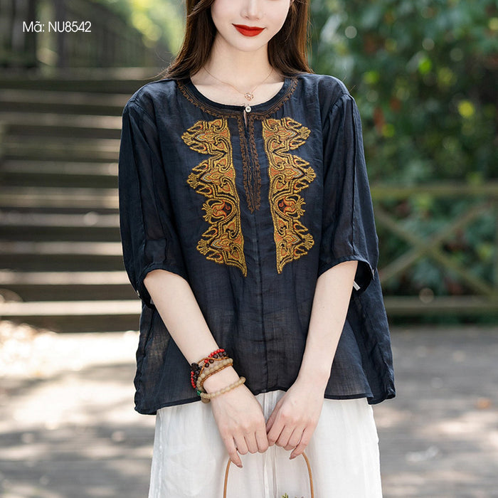 Áo sơ mi linen ngắn tay cổ tròn xẻ thêu đối xứng - NU8541