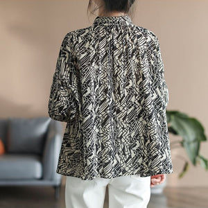 Áo sơ mi linen dài tay cổ pipi xếp ly hoa văn trừu tượng - NU6727